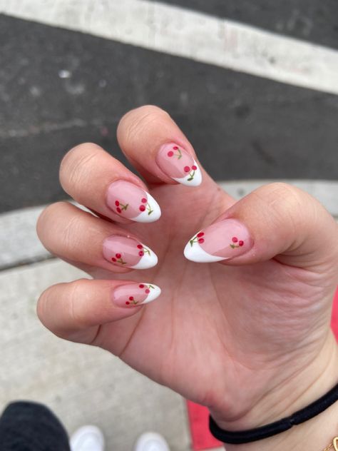 Cherry Nails White Tip, Cute Astetic Nails, Fruit French Tip Nails, Cherry French Tip Nails, Pink Nails 2023, Short Acrylic Nail Ideas, Short Acrylic Nails Almond, Acrylic Nails Pretty, Almond Acrylic Nail