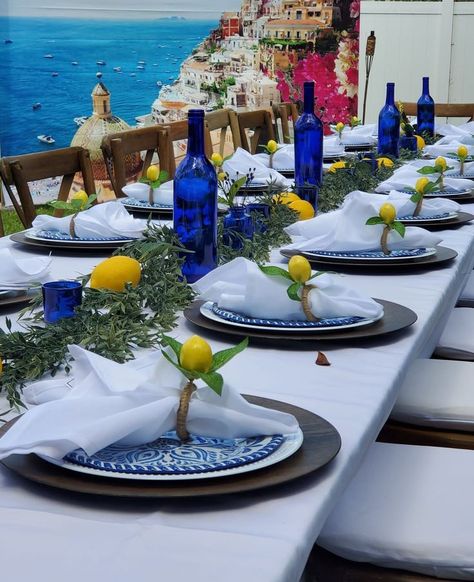 ITALIAN DINNER THEME Greek Party Decorations Ideas, Greece Table Setting, Capri Theme Table Setting, Almafi Themed Party, Mediterranean Centerpieces Table Decorations, Amalfi Table Setting, Medditeranean Party Theme, Positano Dinner Party, Mediterranean Theme Party