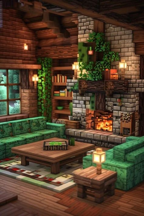 Rustic Minecraft Living Room Designs to Inspire Lounge Minecraft Ideas, Minecraft Inspo Village, Minecraft Decorations Living Room, Mc Living Room Ideas, Room In Minecraft Ideas, Cabin Interior Minecraft, Cozy Minecraft Houses Interior, Minecraft Cozy House Ideas, Living Room Design Minecraft