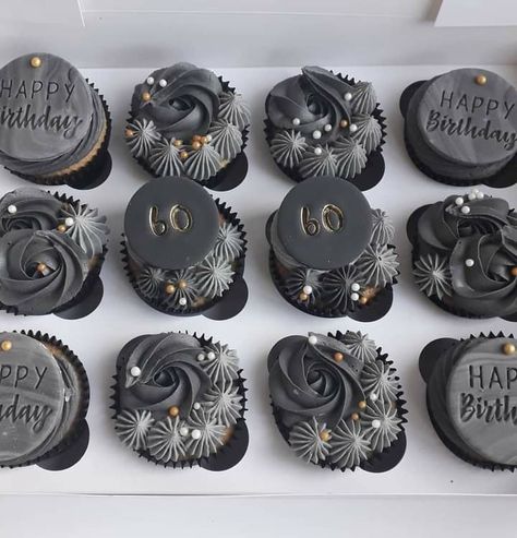 Cupcake Cakes For Men Birthday, Black Cupcakes Aesthetic, Black Gold And Silver Cake Ideas, Cupcake For Men Birthday, Black And Silver Cupcakes Ideas, Mens Cupcakes Birthday, Silver Cupcakes Ideas, Cupcakes Decoration For Men, Black And Gold Cupcakes For Men