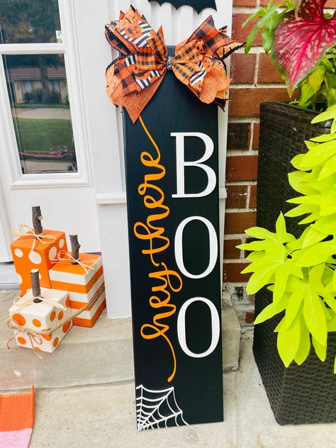 We are so excited to be offering more porch signs! The BOO and spiderweb are both made out of raised wood and so beautiful in person. This is the perfect sign to add to your Halloween porch décor amongst hay bails, pumpkins and mums. We can see it now! Sizing: 30" tall and 7.25" wide. Because this item is a sign and made from wood, it is heavy. We only offer local pickup in Ballwin or Oakville for this item. So, please do not select shipping for this item or it will be cancelled and refunded. Tall Fall Signs Wooden, Fall Wood Projects Front Porch, Boo Welcome Sign, Fence Posts Crafts, Black Porch Leaner, Front Porch Signs Wooden Diy Halloween, Thanksgiving Front Porch Sign, Porch Boards Signs Diy Fall, Hey Boo Porch Sign