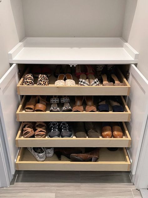 Diamonds are a girl’s best friend – but a shoe closet is the next best thing! One of our customers wanted to surprise his wife, so we stealthily measured a nook by his homes garage door exit, and a few weeks later, in a few hours we installed everything. When the Mrs. arrived, she was met with her new shoe storage cabinet. Best Shoe Rack Designs, Built In Hidden Shoe Shelf, Closet Design Layout Shoes, Building A Shoe Cabinet, Shoe Closet Hallway, Hall Closet Shoe Organization, Shoe Drawer In Wardrobe, Pull Out Shoe Cabinet, Shoe Closet Built In