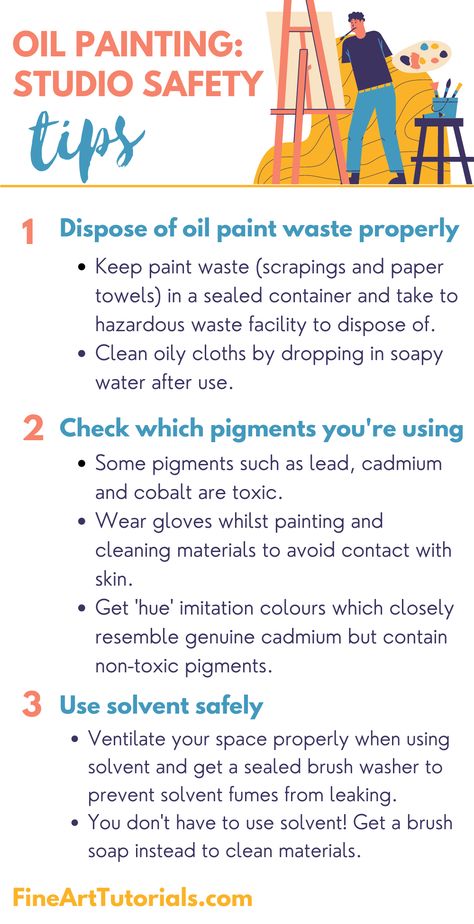 Part of acquiring oil painting as a skill is learning how to use the materials in a safe manner. Like any skill it takes some effort to get right. However, once you’ve been painting for a while, maintaining your materials will feel intuitive. #oilpainting #artstudio #studiosafety #oilpaint #oilpainter #studiosafety #artblog #arttips #arttutorials #professionalartist #beginnerart #learnart #artlesson Oil Painting Tips And Tricks, Toxic Painting, Oil Painting Studio, Oil Painting Basics, Learn Oil Painting, Painting Basics, Oil Painting Materials, Diy Safety, Artist Tools