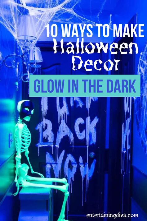 These DIY glow in the dark Halloween party decorations are awesome! They're easy to make and look so cool! | Halloween Party Ideas Glowing Halloween Decorations, High School Haunted House Ideas, Diy Haunted House Ideas For Kids, Haunted Classroom Ideas, Cheap Haunted House Ideas, Kid Friendly Haunted House Ideas, Haunted Classroom, Dark Halloween Decor, Dark Halloween Party