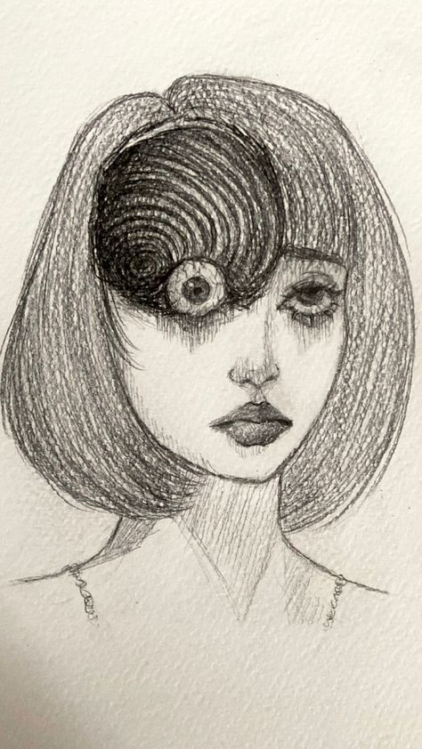 drawing of a character from junji ito’s “uzumaki” manga Uzumaki Drawing Junji Ito, Uzumaki Art Junji Ito, Junji Ito Drawing Sketch, Easy Manga Panels To Draw, Drawing Ideas Pencil Sketches Aesthetic, Easy Realism Drawings, Junji Ito Doodle, Junji Ito Inspired Art, Grunge Art Aesthetic Drawing Easy