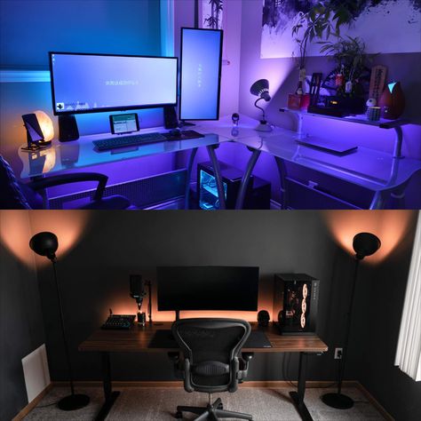 There are a ton of different ways to outfit your desk setup with backlighting and LED strips, and we’re here to help narrow it all down – covering the different types of LED strips and desk backlighting options available, as well as a moodboard of unique lighting ideas for your desk setup. Here’s a breakdown of all the types of colorful LED lights you can get, and ways to apply them to your setup! Check out the desk lighting ideas section below for more inspo. Led Light Strip Ideas, Light Strip Ideas, Led Lights Strip Ideas, Led Office Lighting, Gaming Computer Room, Room Decor For Men, Led Desk Lighting, Home Studio Setup, Led Rope Lights