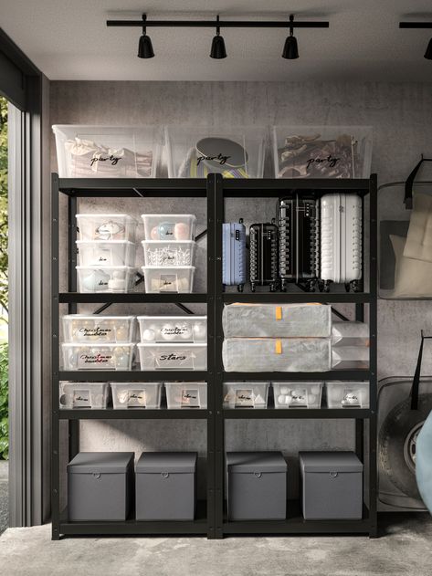 6 garage ideas to maximise space - IKEA Ikea Basement Storage, Ikea Garage Organization, Ikea Garage Storage, Bror Ikea, Storage Boxes Ideas, Ikea Garage, Ikea Bror, Archive Room, Basement Storage Organization