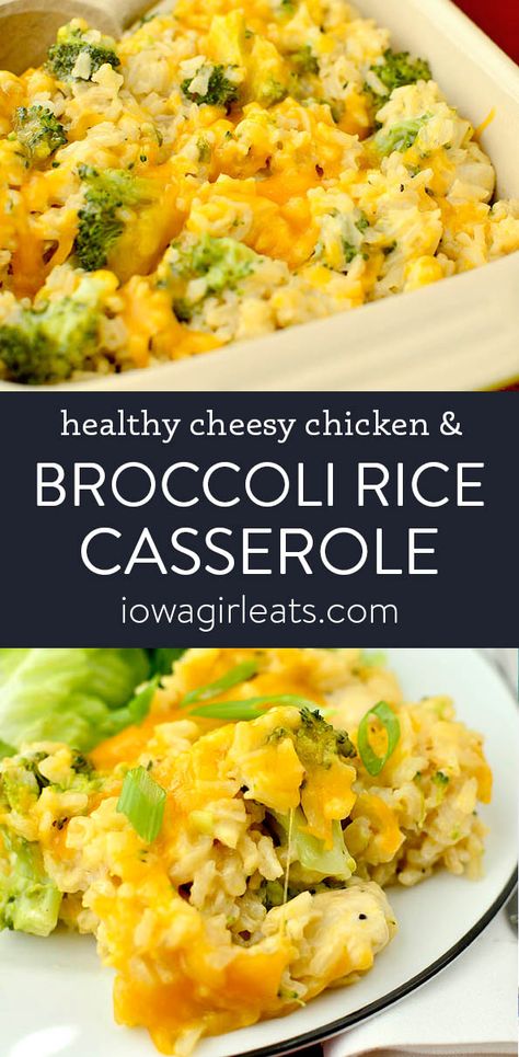 Healthy Cheesy Chicken and Broccoli-Rice Casserole - Iowa Girl Eats Chicken And Broccoli Rice Casserole, Chicken And Broccoli Rice, Chicken Broccoli Rice Cheese Casserole, Cheesy Chicken And Broccoli, Chicken Casserole Recipes Healthy, Chicken Broccoli Rice Casserole, Chicken Broccoli Rice, Healthy Casserole Recipes, Broccoli Rice Casserole