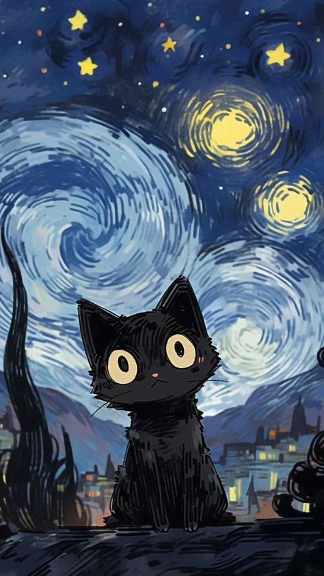 헬로키티 배경화면, Art Mignon, Arte Van Gogh, A Black Cat, Art Et Illustration, Cool Wallpapers Art, Dessin Adorable, Art And Illustration, Cat Wallpaper