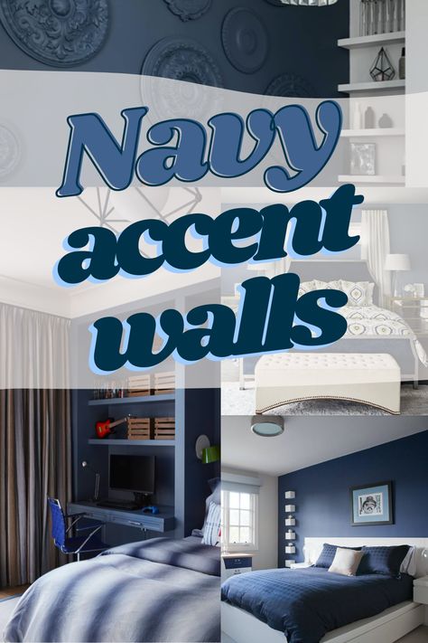 White Walls Navy Trim, Navy Blue Bedroom Walls Room Ideas, Accent Color For Navy Blue, Navy Statement Wall, Navy Blue Accent Wall Kitchen, Gray With Navy Accent Wall, Accent Wall Bedroom Navy Blue, Navy Blue Room Ideas Bedroom, Accent Wall Blue Bedroom