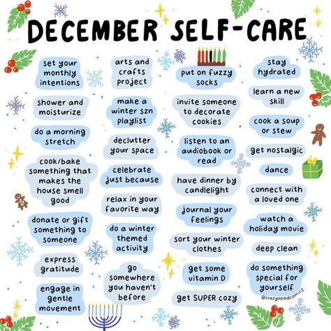 Self Care Winter Ideas, December Wellness Ideas, Christmas Self Care Quotes, Winter Self Care Tips, December Self Care Ideas, December Self Care Calendar, Christmas Self Care Ideas, Winter Self Care Ideas, December Routine