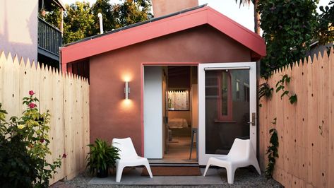 The renovation turned a run-down backyard structure into a wonderfully funky celebration of mundane building vernacular 400 Sf Adu, Small Adu Layout, Alternative Dwelling Unit, Adu Office Ideas, Adu Entrance, Adu Designs Modern, 400 Sq Ft Adu, Casitas Guest House Interior Design, Adu Backyard Ideas