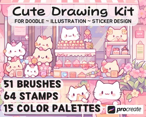 51 Procreate Brushes Cute Kawaii Drawing Kit, Color Palettes, Animals Stamp Brush sets Bundle | For Doodles illustrations stickers Kawaii Procreate Brush, Cute Procreate Brushes, Procreate Cute Drawing, Korean Cute Drawing, How To Draw Kawaii, Cute Kawaii Drawing, Kawaii Kitchen, Drawing Kit, Art Shopping