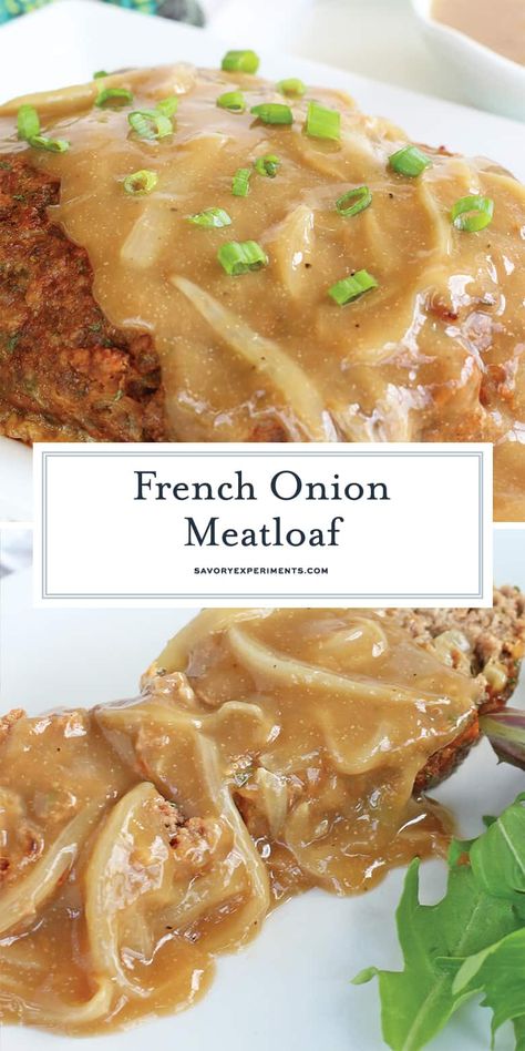 French Onion Meatloaf uses a blend of spices with caramelized onions and a savory onion gravy. The ultimate comfort meal. #frenchonionmeatloaf #homemademeatloaf #meatloafrecipe www.savoryexperiments.com French Onion Meatloaf, Homemade Meatloaf, Classic Meatloaf Recipe, Good Meatloaf Recipe, Best Meatloaf, Onion Gravy, Meatloaf Recipe, Minced Meat, Meatloaf Recipes