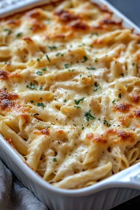 Dump and Bake Chicken Alfredo Casserole Dump Alfredo Bake, Easy Dump And Go Recipes, Baked Chicken Tortellini Alfredo, No Boil Alfredo Pasta Bake, Best Recipes With Rotisserie Chicken, Easy Baked Dishes, Bake Chicken Alfredo Oven, Italian Chicken Pasta Casserole, Jar Of Alfredo Sauce Dinners