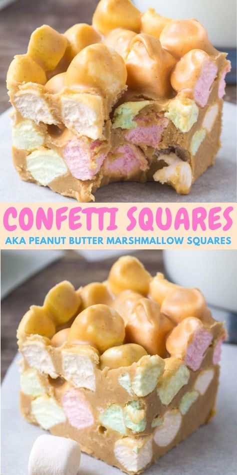 Collage of 2 photos of peanut butter marshmallow squares Marshmellow Peanutbutter Squares, Butterscotch Peanut Butter Marshmallow, Butterscotch Marshmallow Squares Recipe, Marshmallow And Peanut Butter Squares, Peanut Butter Marshmallow Squares Recipe, Peanut Marshmallow Squares, Confetti Squares Recipe, Marshmellow Peanutbutter Squares Easy, Squares Recipes Easy