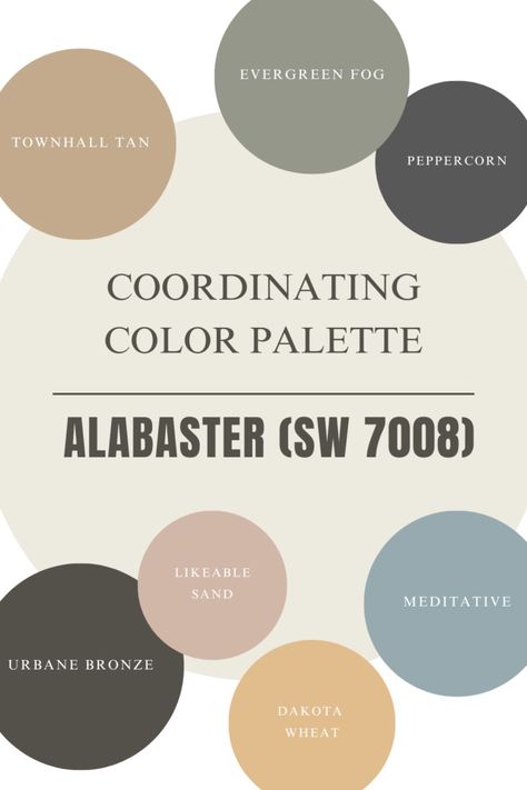 Sherwin Williams Alabaster Color Review - Building Bluebird Alabaster White Sherwin Williams Coordinating Colors, Cozy Whole House Color Scheme, Sw Alabaster Palette, Color Palate For Whole House, Alabaster Sherwin Williams Basement, Alabaster White Living Room, Sherwin Williams Paint Color Schemes, What Colors Go With Alabaster, Coordinating Colors With Alabaster Sherwin Williams