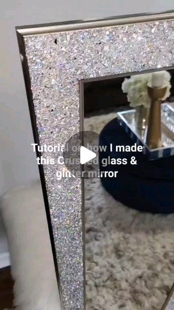 KaTrina Gorham on Instagram Bedazzled Mirror Diy, Diy Crushed Glass Mirror, Crushed Mirror Art, Glitter Mirror Frame Diy, Glitter Furniture Diy, How To Decorate Mirrors Diy Ideas, Glam Bathroom Mirror, Diy Bling Mirror, Mirror Border Diy