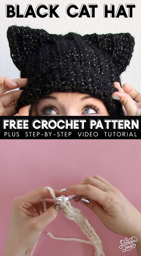 Crochet Hat With Ears Free Pattern, Black Cat Hat Crochet, Reflective Yarn Crochet Patterns, Free Crochet Cat Ear Hat Patterns, Crochet Kitty Ear Hat, Black Cat Crochet Hat, Kitty Ear Beanie Crochet, Crochet Ear Hat Pattern Free, Free Knitting Tutorials