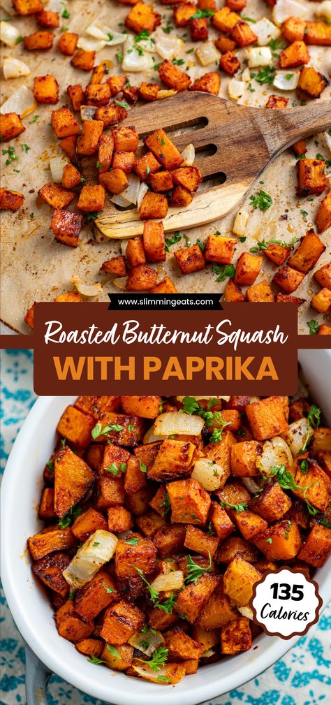 Roasted Butternut Squash with Paprika – savoury cubes of butternut squash and onion, delicately caramelized to perfection, making it the ideal side dish for breakfast, lunch, or dinner. Roasted Butternut Squash Breakfast, Sweet And Savory Honey Roasted Butternut Squash, Thanksgiving Side Dishes Butternut Squash, Savory Roasted Butternut Squash, Butternut Squash Cubed Recipes, Roasted Cauliflower And Butternut Squash, Best Butternut Squash Recipes Roasted, Roasted Cubed Butternut Squash, Roasting Butternut Squash Cubes