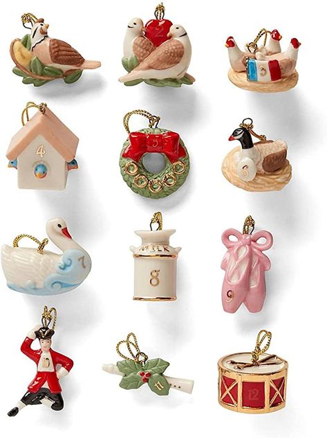 Lenox 878893 Twelve Days of Christmas 12-Piece Ornament Set, Porcelain Lenox Christmas Ornaments, Lenox Ornaments, Ceramic Christmas Decorations, Lenox Christmas, Clay Christmas, Mini Ornaments, Twelve Days Of Christmas, Decoration Originale, Christmas Ornament Sets