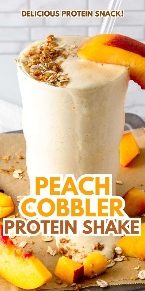 A high-protein twist on the classic summer dessert, this peach cobbler protein shake is a quick & delicious gluten-free protein smoothie. Makes a great high protein breakfast or snack! Smoothies Using Protein Powder, Bulk Up Smoothies, Healthy Pumpkin Protein Shake, Protein Shake Recipes Breakfast, Delicious Protein Smoothies, Green Protein Shake Recipes, The Best Protein Shakes, Shakes With Premier Protein, Protein Shake No Blender