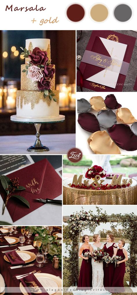 Wedding Colors Christmas, Gold And Wine Wedding Decor, Red Wine And Gold Wedding, Wedding Ideas Wine Color, Wine Colors Wedding, Wine And Silver Wedding Colors, Beige And Red Wedding Theme, Wedding Theme Red And Gold, Burgundy Place Setting Wedding