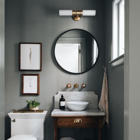 Half Bath Design, Powder Room Paint, Small Half Bathroom, Dark Gray Bathroom, Half Bathroom Remodel, Half Bathroom Decor, Dark Bathrooms, Double Bath, Bathroom Paint