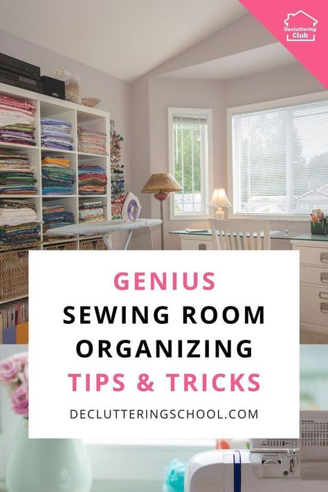 In this post, you'll learn some genius sewing room organizing tips and hacks. Organize fabric in your sewing room, storage ideas for buttons and pins, and when to declutter your sewing supplies. Make your sewing room clutter free with this article on Decluttering School. Storing Fabrics In Sewing Room, Small Sewing Room Organization, Organizing Fabric In Sewing Room, Ideas For Buttons, Organize Sewing Room, Sewing Room Hacks, Organizing Sewing Notions, Organise Sewing Supplies, Sewing Room Storage Ideas