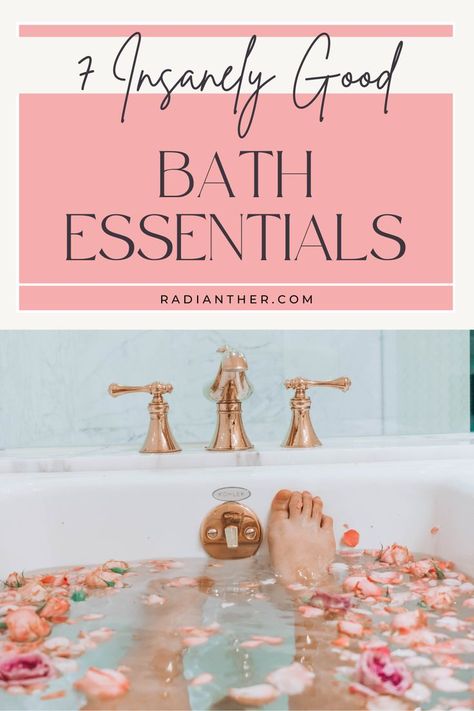 this is an image with text "7 Insanely Good Bath Essentials" Bath Set Up, Bathtub Essentials, Beauty Secrets Hair, Bath Relaxing, Care Organization, Bath Essentials, Best Bath, Relaxing Bath, Bath Sets