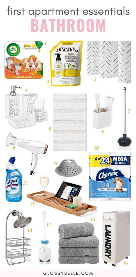 New Apartment Bathroom, First Apartment Bathroom, Apartment Bathroom Essentials, Bathroom Essentials Checklist, Apartment Essentials Checklist, Bathroom Must Haves, Bathroom Checklist, Diy Small Apartment, Farmhouse Bathroom Accessories