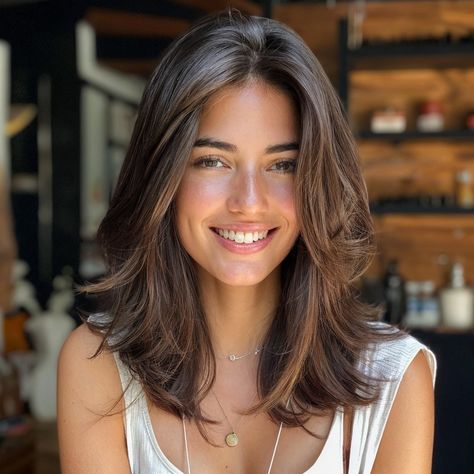 Different Type Of Haircuts, Short Layers Haircuts For Medium Hair, Medium Length Haircut For Heart Face, Updo Face Framing, Hairstyles 2024 Women, Top Haircuts For Women 2024, Long Bob With Face Framing Layers, Long Bob Layers, Brunette Hair Medium