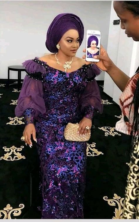 Asoebi Styles: Nigeria styles with Lace You Will Love To SeeLatest Ankara Styles 2020 and Information Guide Purple Lace Gown Styles Aso Ebi, Lace Gown Styles For Mummies, Iro And Blouse Lace Styles Latest, Mummy Dress, Latest Asoebi Styles, Nigerian Lace Dress, Aso Ebi Style, Aso Ebi Lace Styles, Nigerian Lace Styles Dress