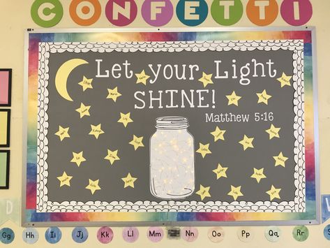 Let your Light SHINE! September Bulletin Board...watercolor theme. With firefly lights! Light Theme Bulletin Board, Shining Star Bulletin Board Ideas, May Theme Bulletin Boards, Awana Sparks Bulletin Board Ideas, Fireflies Bulletin Board, Look Whats Happening Bulletin Board, Shine Your Light Bulletin Board, Be The Light Decorations, Let Your Light Shine Classroom Door