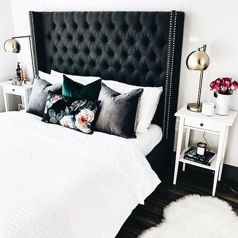 Black Studded Tufted Headboard #Bedroom #Interior #Decor Black Upholstered Headboard, Romantic Bedroom Design, Headboard Bedroom, Zimmer Diy, Black Bedroom Furniture, Black Headboard, Woman Bedroom, Romantic Bedroom, Bedroom Black