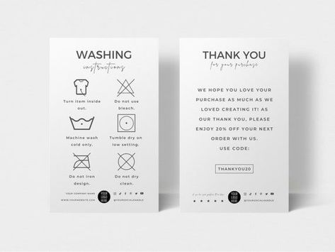 Editable Washing Instructions Card Template, Clothing Care Cards, Tshirt Wash Guide, Printable Shirt Packaging Insert Canva Templates - Etsy UK logoexpose #graphiclogo #businesslogo #logotypedesign Washing Instructions Label, Wash Care Instructions Tags, Tshirt Care Instructions Free Printable, Clothing Thank You Card Design, Product Info Card Design, Thank You Card For Clothing Brand, Washing Instructions Card, Warranty Card Design, Washcare Labels