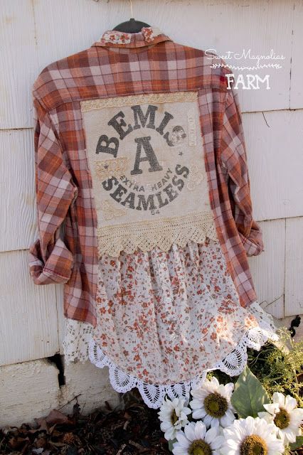 Sweet Magnolias Farm Flannel Upcycle, Flannel Shirt Refashion, Vestiti In Jeans, Bleach Shirt Diy, Bleached Flannel Shirt, Sweet Magnolias, Upcycled Flannel, Clothing Upcycle, Shabby Chic Clothes