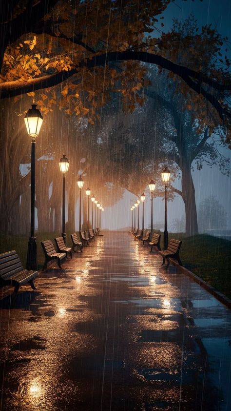 Beautiful Rainy Day Pictures, Autumn Cozy Rainy Days, Cozy Rainy Night Aesthetic, Rainy Backgrounds, Street Light At Night, Silent Photography, Surroundings Art, Rainy Night Aesthetic, Autumn Rainy Day