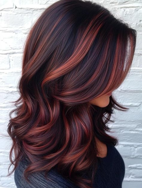 Top Fall Highlight Ideas to Elevate Brown Hair How To Add Red Highlights To Brown Hair, Brunette Hair With Red Highlights Fall, Brunette Fun Hair Color, Fuscia Highlights In Brown Hair, Red Auburn Highlights In Brown Hair, Two Tone Highlights For Dark Hair, Cinnamon Lowlights On Brown Hair, Short Hairstyle Color Ideas Highlights, Chocolate With Copper Highlights