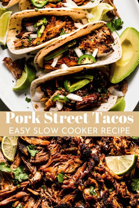 These Pork Street Tacos are easy to make at home with your slow cooker. Popping the carnitas under the broiler ensures a crispy texture! // recipe Pork Street Tacos Slow Cooker, Street Tacos Easy, Shredded Pork Crockpot, Pork Street Tacos, Crockpot Carnitas Recipes, Slow Cooker Pulled Pork Tacos, Pork Tacos Crockpot, Shredded Pork Tacos, Slow Cooker Pork Tacos