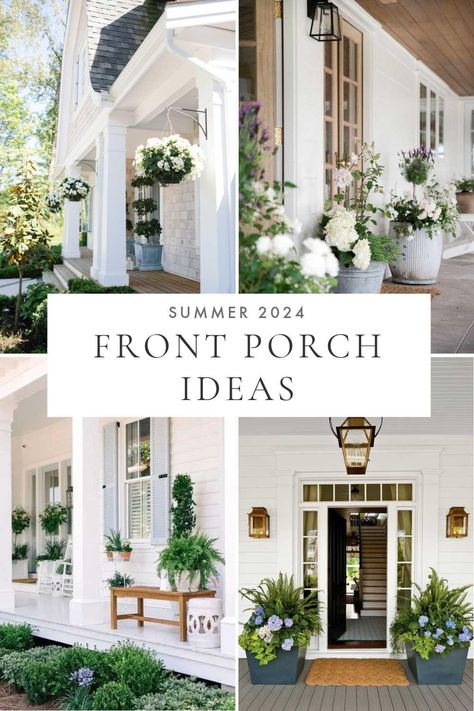 20 Summer Front Porch Ideas for 2024 – jane at home Front Garden Ideas Hydrangea, Dream Home Front Porch, Front Side Porch Ideas, Elegant Porch Ideas, Classy Front Porch Decor, Florida Front Porch Ideas, Hydrangea In Pots Planters, White House Landscaping Ideas, White House Front Porch