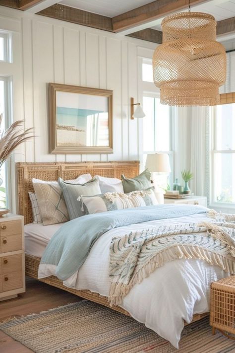 Coastal Boho Bedroom Furniture Boho Coastal Bedroom Furniture, Vacation Home Bedroom, Coastal Boho Bedrooms, Hawaiian Bedroom Ideas, 60s Bedroom Aesthetic, Bedroom No Headboard, Coastal Boho Interior, Carribean House, 90s Bedroom Aesthetic