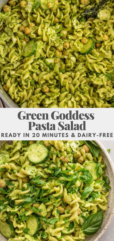 This green goddess pasta salad blends together summer greens, herbs and creamy avocado and tosses it together with your favorite pasta. An easy and flavorful weeknight dinner ready in 20 minutes. Green Goddess Pasta Salad, Green Goddess Pasta, Vegetarian Pasta Salad, Vegan Pasta Salad, Avocado Pasta Salad, Healthy Pasta Salad, Cold Pasta Salad, Easy Pasta Salad, Summer Pasta Salad