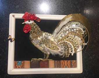 Jewelry Art Framed, Farm Jewelry, Framed Jewelry Art, Old Jewelry Crafts, Costume Jewelry Crafts, Framed Jewelry, Vintage Jewelry Repurposed, Rooster Art, Jewelry Wall