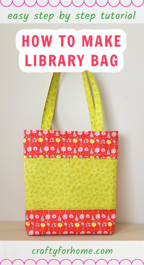 Red and green fabric tote bag with pocket. Library Bag Sewing Pattern, Book Bag Patterns To Sew, How To Make A Book Bag, Diy Book Bag Pattern, Library Bag Pattern, Book Bag Pattern Free, Hand Sew Bag, Quilted Book Bag, Library Book Bags For Kids