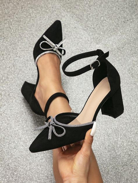 Fashion Pointed Toe Chunky High Heels With Rhinestone Detail Black Pumps For Women, Spring AutumnI discovered amazing products on SHEIN.com, come check them out! Short Heels For Tall Women, Grad Heels, Grad Shoes, Stylish Shoes Heels, Everyday Heels, Buckle Flats, Black Ankle Strap Heels, Butterfly Crystal, Unique Butterfly