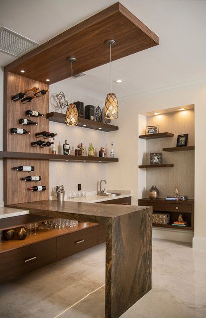 Lighthouse Point renovation - Home Bar - by Paris Furnishings, Inc. | Houzz Wine Counter Ideas, Mini Bar At Home Living Rooms, Home Bar With Tv, Bar Counter Design Home, Contemporary Home Bar Designs, Bar In Living Room, Lounge Decor Ideas, Mini Bar At Home, Small Bars For Home