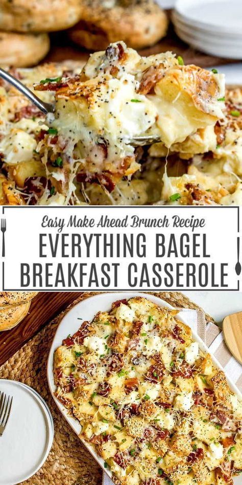 This everything bagel make-ahead breakfast casserole is an easy brunch recipe for weekends or holidays. This brunch recipe uses bagels, cheese, and bacon for a casserole that everyone will love! Make this breakfast casserole for family breakfasts and events!