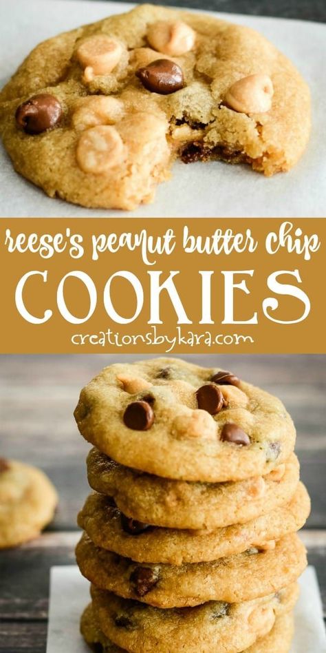 Amazing Reese's Peanut Butter Chip Cookies - chewy, buttery cookies loaded with chocolate chips and peanut butter chips. Heaven in every bite! #reesespeanutbutterchips #peanutbutterchipcookies #peanutbutterchips #cookierecipe #creationsbykara Peanut Butter Chip Recipes, Chocolate Chips And Peanut Butter, Peanut Butter Chip Cookies, Peanut Cookies, Easy Peanut Butter Cookies, Peanut Butter Chocolate Chip Cookies, Buttery Cookies, Peanut Butter Cookie Recipe, Reeses Peanut Butter