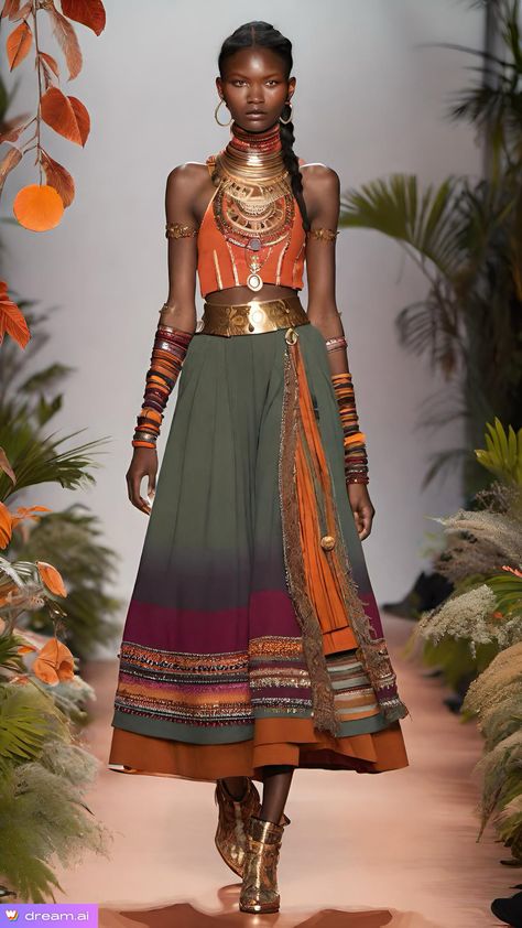 Mayan Inspired Fashion, Utopian Clothes, Indegenious Fashion, African Fantasy Clothing, Wakanda Outfits, Cultural Fusion Fashion, Desert Style Fashion, Exotic Dramatic Style, Solarpunk Outfit